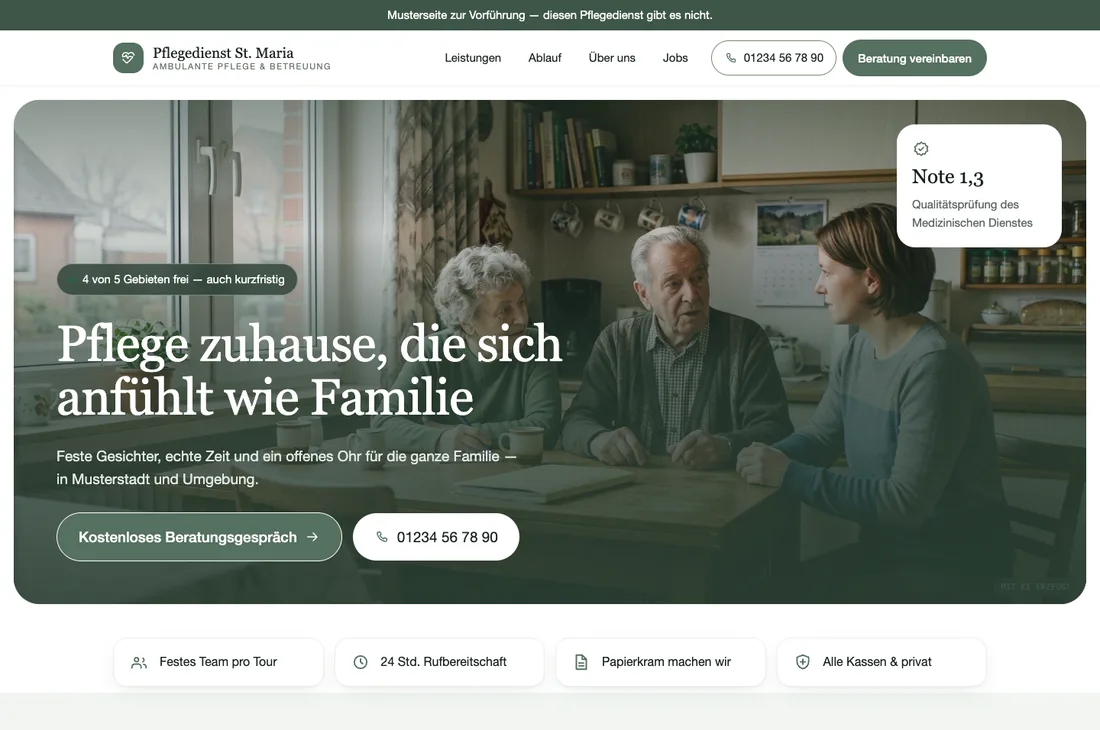 Musterseite eines ambulanten Pflegedienstes: über dem Kopf der Balken „Musterseite zur Vorführung — diesen Pflegedienst gibt es nicht“, darunter die Überschrift „Pflege zuhause, die sich anfühlt wie Familie“ über einem Foto von drei Menschen an einem Küchentisch, rechts eine Karte mit der Note 1,3, darunter die Telefonnummer.